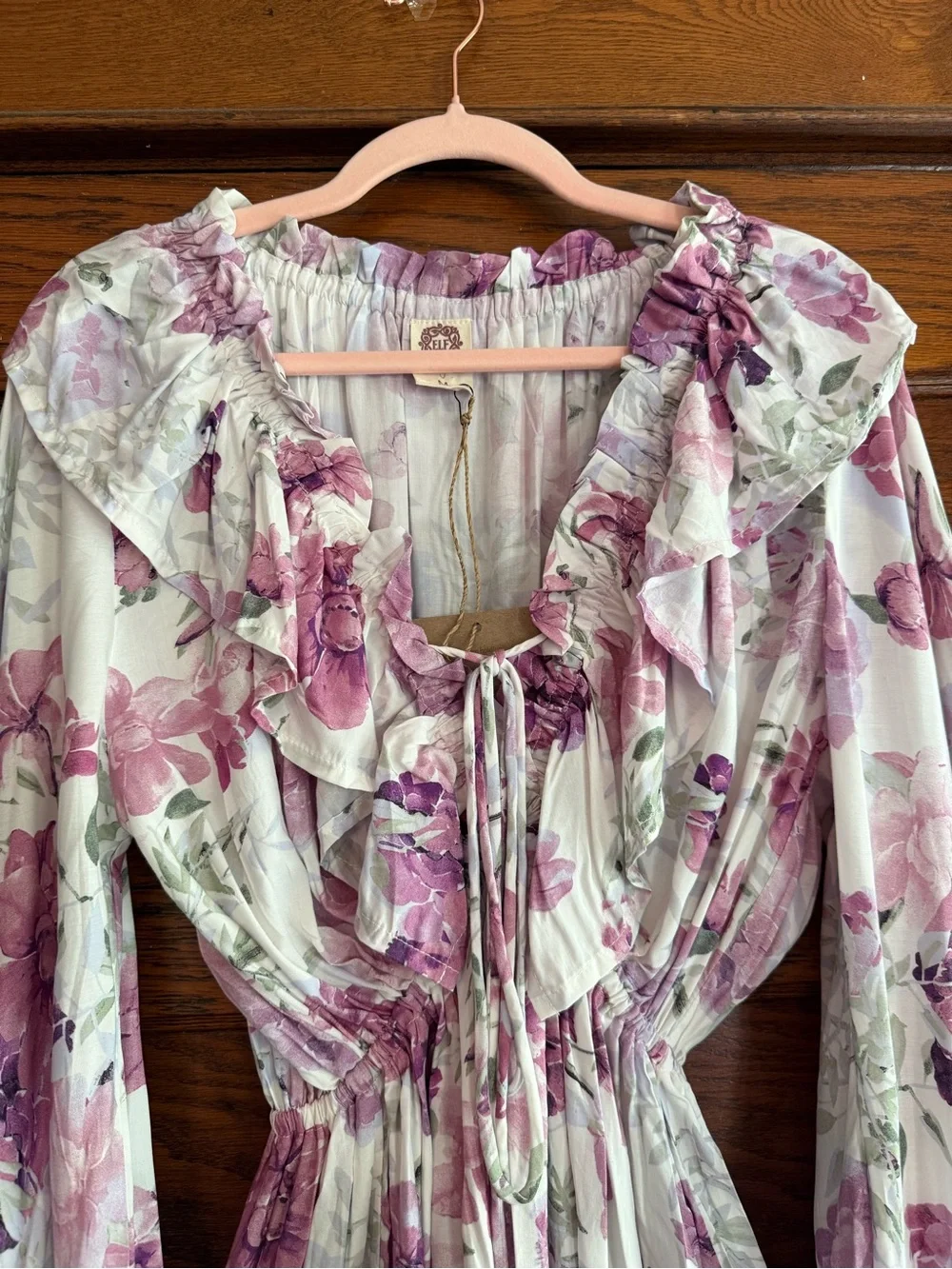 NWT BALI ELF Balloon Sleeve Ruffle V Neck Mini Dress Flowy Floral Alice US M - Picture 6 of 16